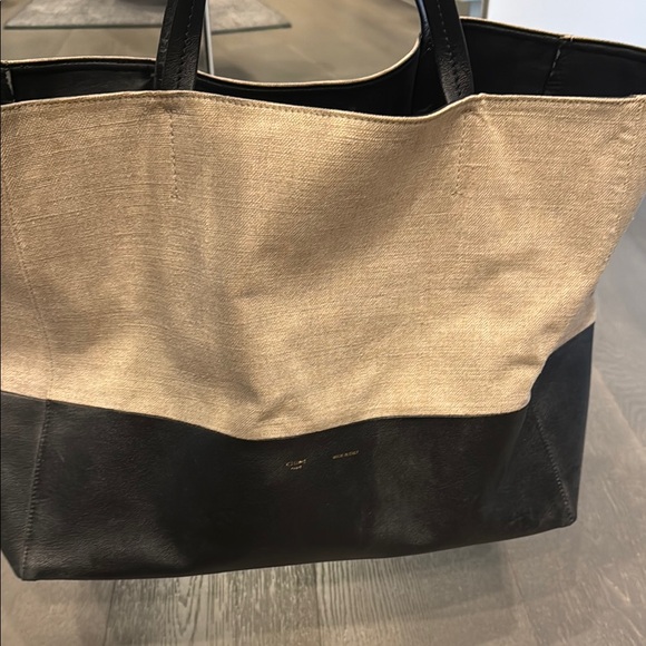Celine Natural Linen Black Leather Bi-Cabas Tote Bag - Picture 1 of 4
